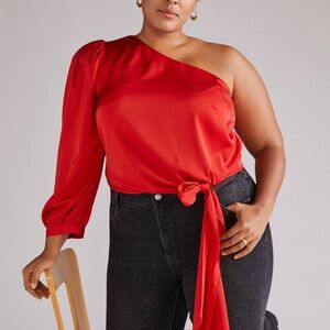 Anthropologie Mare Mare Red Puff Sleeve One Shoulder Tie Waist Blouse Sz 3X
